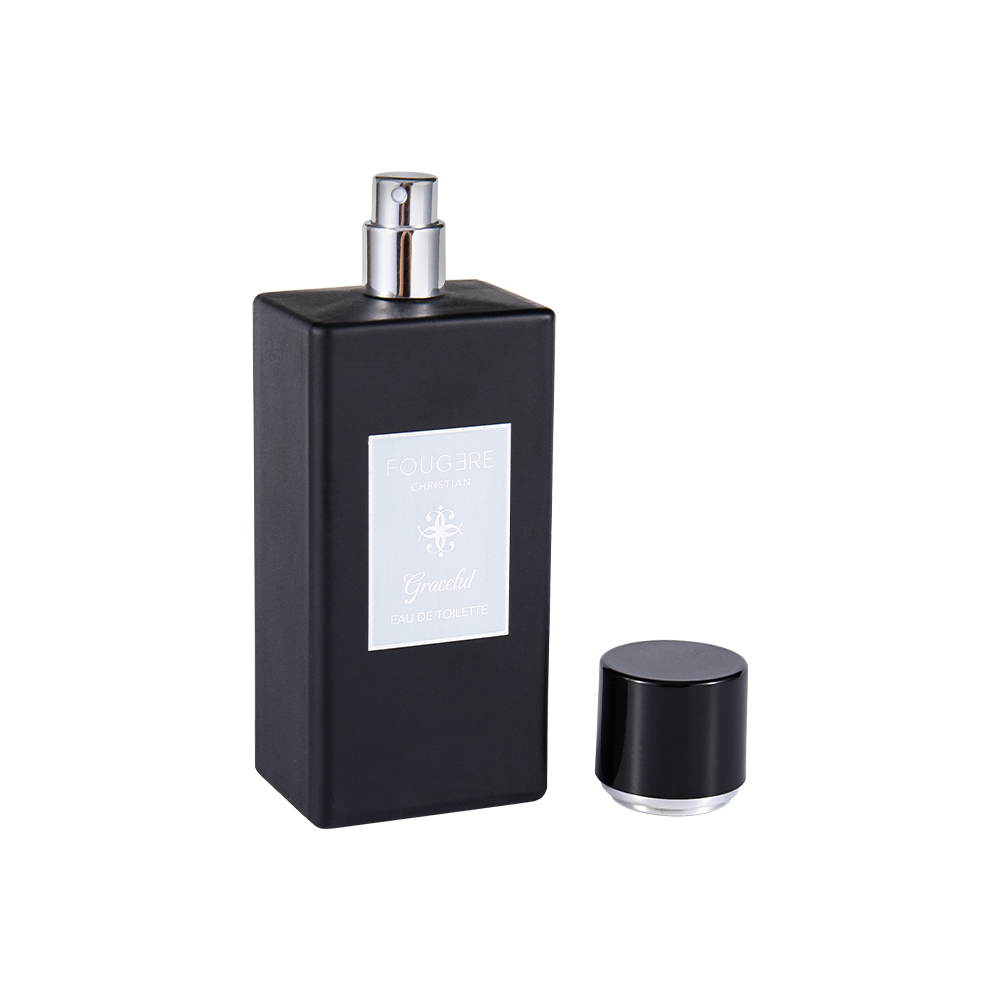 KY1481-WJ2360 Bottiglia di profumo in vetro nero opaco da 100 ml con tappo nero lucido