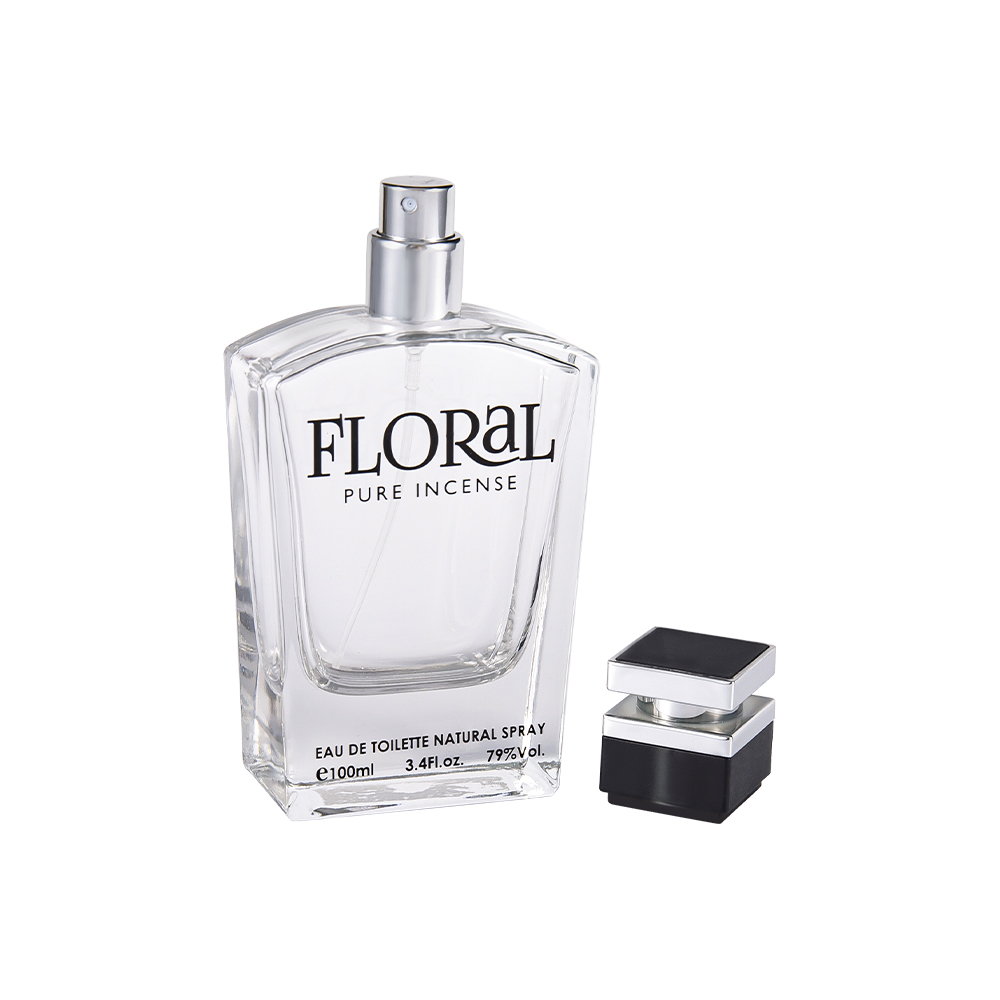 Bottiglia di profumo in vetro trasparente KY10-WJ2045 da 50 ml con tappo nero stampato e parte in argento UV