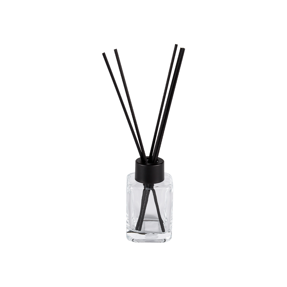 HJ-RX2248 Bottiglia con diffusore quadrato con tappo in plastica con collo a vite e adesivo in fibra nera opaca