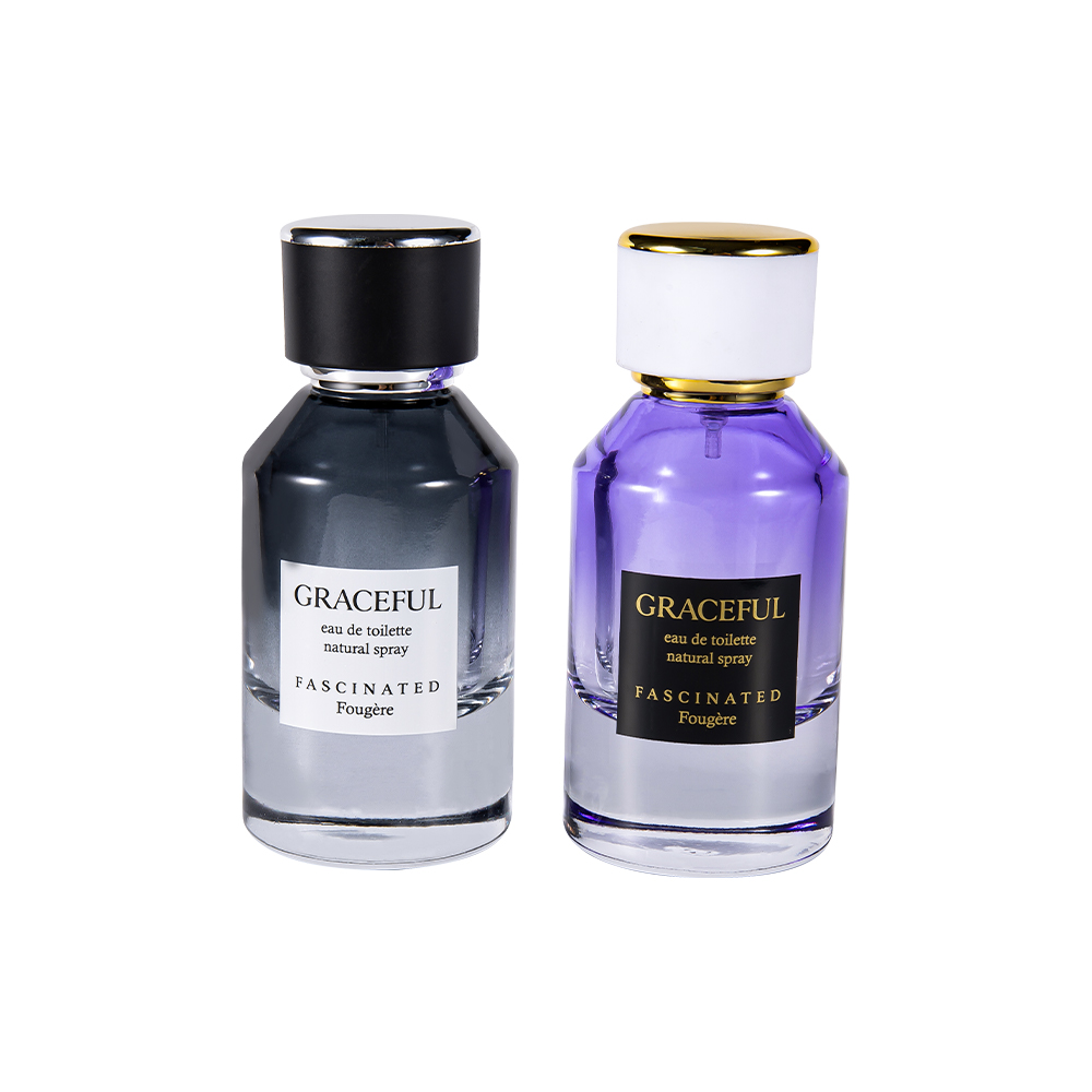 GC4416-WJ2098 Bottiglia di profumo in vetro stampato rivestito da 50 ml con pelle, tappo in plastica ABS, rivestimento in PP resistente ai raggi UV