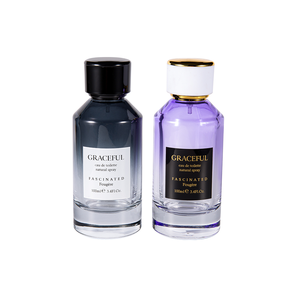 GC4418-WJ2098 Bottiglia di profumo in vetro stampato rivestito di colore da 100 ml con tappo in plastica ABS in pelle e rivestimento in PP UV