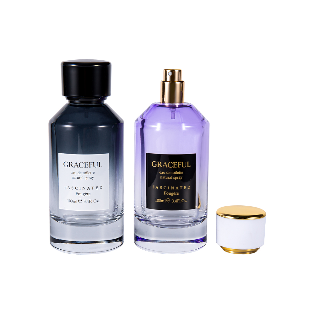 GC4418-WJ2098 Bottiglia di profumo in vetro stampato rivestito di colore da 100 ml con tappo in plastica ABS in pelle e rivestimento in PP UV