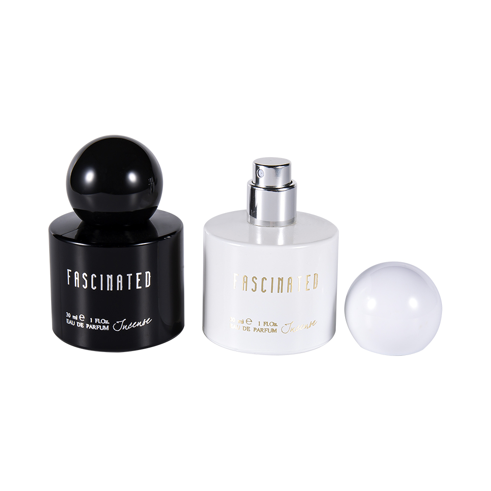 GC4748-WJ2537 Bottiglia di profumo in vetro cilindrico rivestito in lamina d'oro da 30 ml con tappo in plastica ABS sferico PP