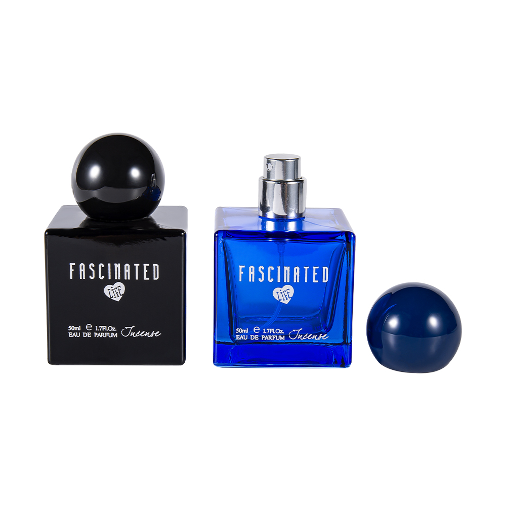 KY145-WJ2537 Bottiglia di profumo in vetro stampato a colori cubo da 50 ml con tappo in plastica UV sferico