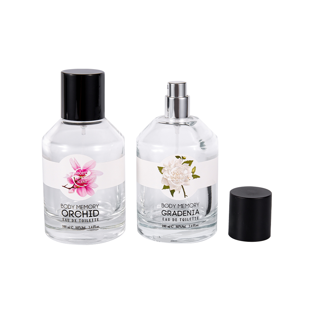 KY1603-WJ2388 Bottiglia di profumo in vetro con adesivo stampato da 100 ml con tappo cilindrico in PP nero opaco lucido