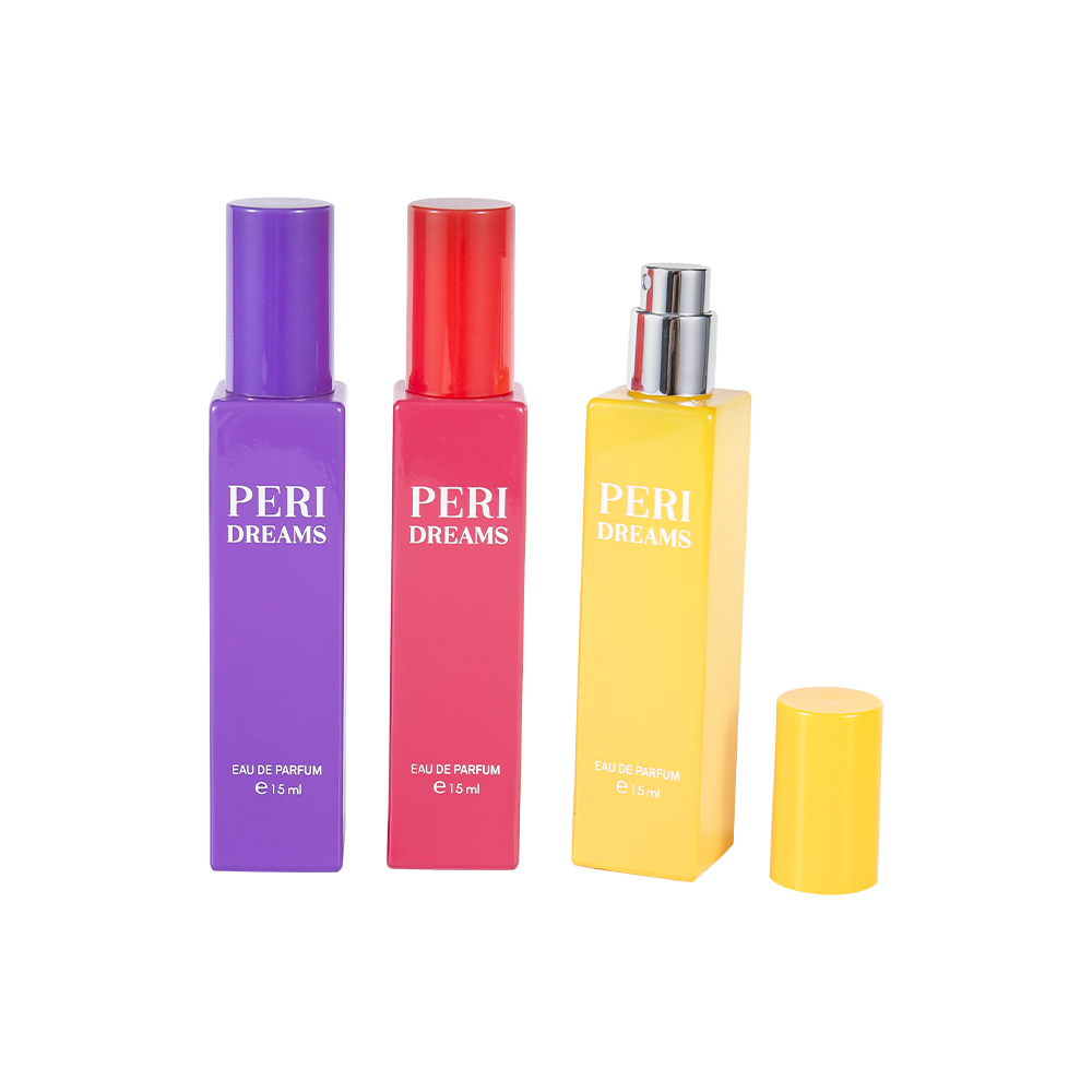 GC4421-WJ2369B Bottiglia di profumo in vetro rettangolare rivestita con mini capacità da 15 ml con cappuccio cilindrico in PP