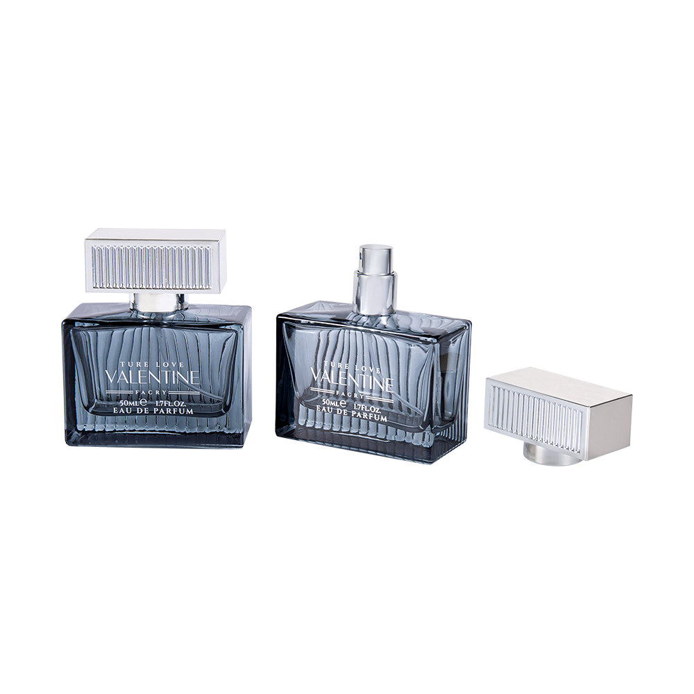 Bottiglia di profumo in vetro a banda verticale KY1111-WJ2092 da 50 ml con striscia di copertura in plastica ABS UV