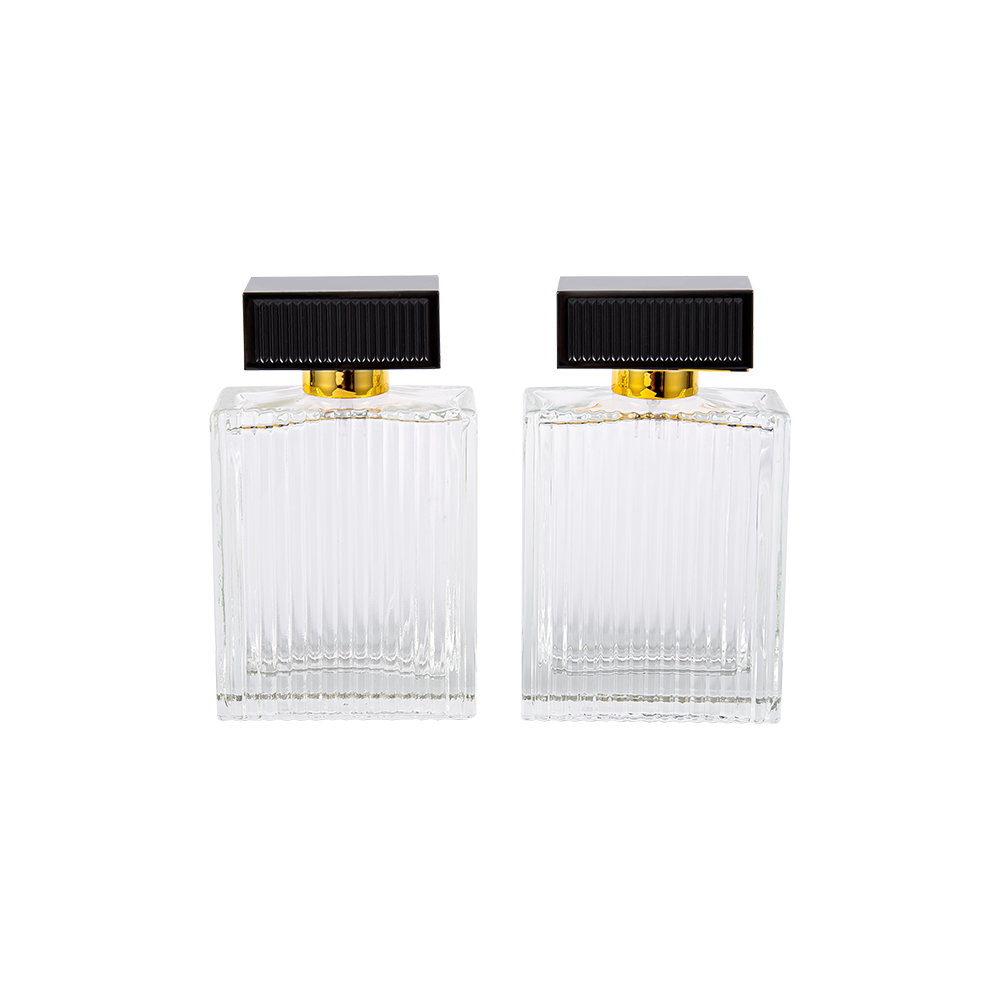 Bottiglia di profumo in vetro a strisce verticali KY1112-WJ2092 da 100 ml con strisce di copertura in plastica ABS