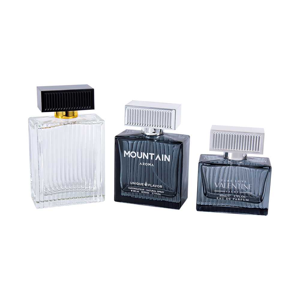 GC4311-WJ2092 Bottiglia di profumo in vetro a strisce verticali da 80 ml con copertura a strisce in plastica ABS