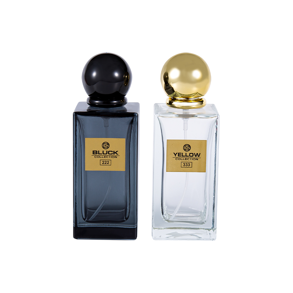 KY83-WJ2571 Bottiglia di profumo in vetro colorato rettangolare da 50 ml con tappo oro UV e nero, colore speciale