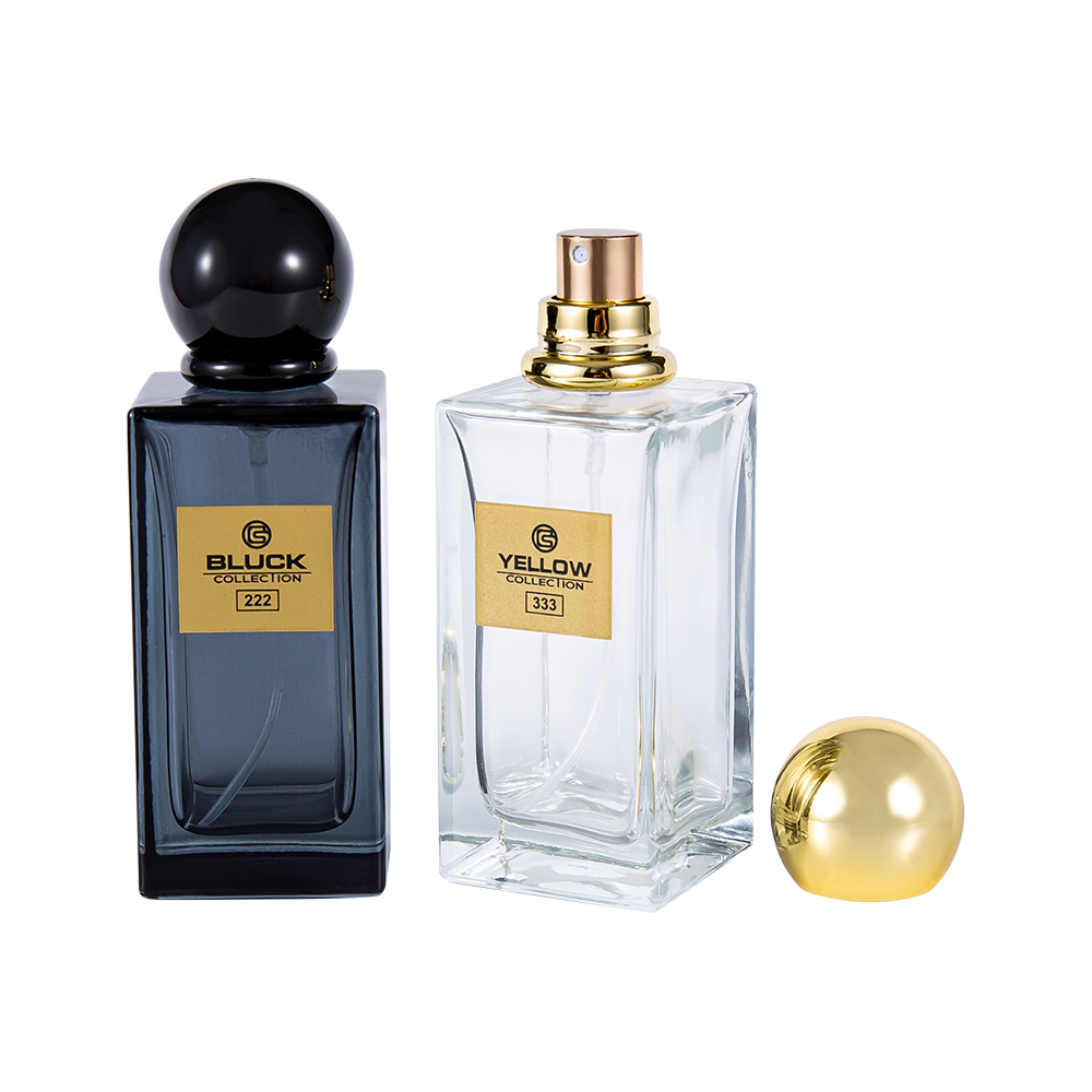 KY83-WJ2571 Bottiglia di profumo in vetro colorato rettangolare da 50 ml con tappo oro UV e nero, colore speciale