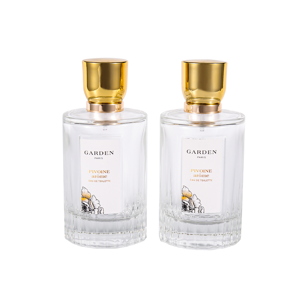 KY1595-WJ2430 Bottiglia di profumo in vetro elegante da 100 ml con lussuoso tappo per profumo in oro UV