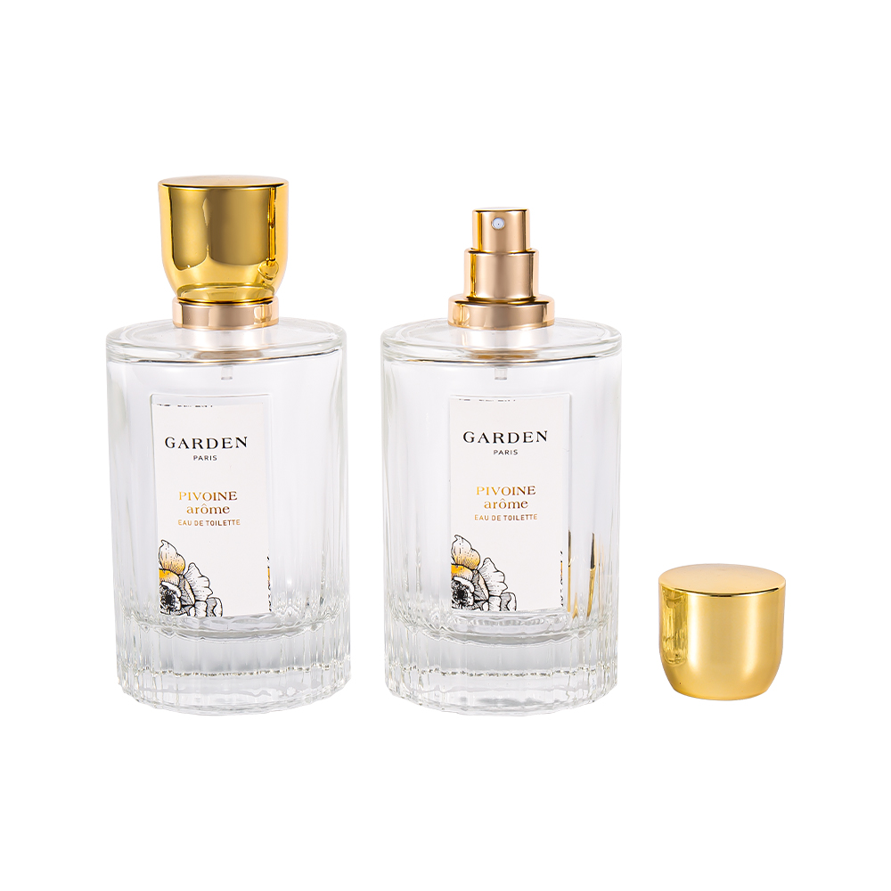 KY1595-WJ2430 Bottiglia di profumo in vetro elegante da 100 ml con lussuoso tappo per profumo in oro UV